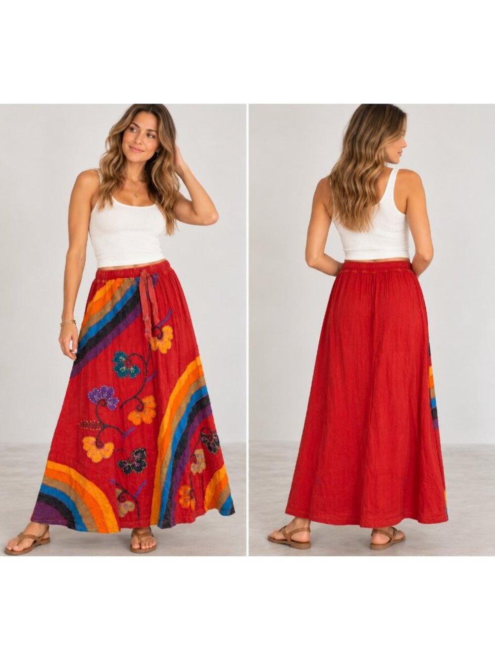 NWT The Collection Royal Boho Maxi Skirt S/M Red Embroidered Patchwork Nepal